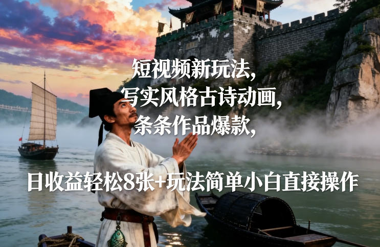 短视频新玩法，写实风格古诗动画，条条作品爆款，日收益轻松8张+玩法简单小白直接操作|无忧资源社