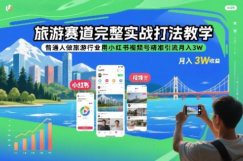 旅游赛道完整实战打法教学，普通人做旅游行业用小红书视频号精准引流月入3W|无忧资源社