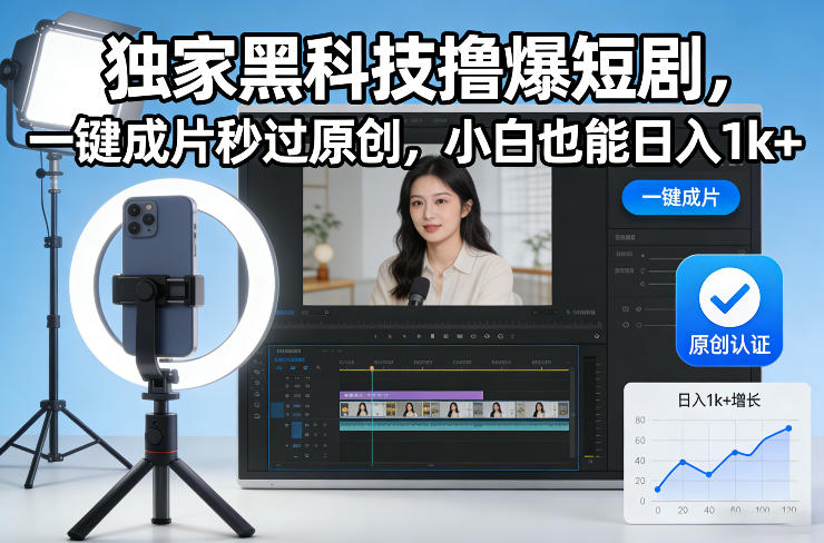 独家黑科技撸爆短剧，一键成片秒过原创，小白也能日入1k+【揭秘】|无忧资源社