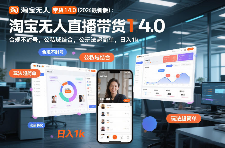 淘宝无人直播带货14.0（2026最新版）：合规不封号，公私域结合，玩法超简单，日入1k+【揭秘】|无忧资源社