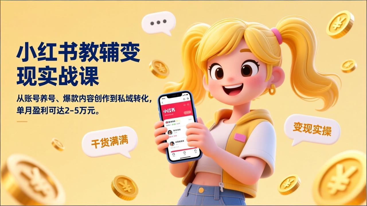 （17334期）小红书教辅变现实战课，从账号养号、爆款内容创作到私域转化，单月盈利可达2-5万元|无忧资源社