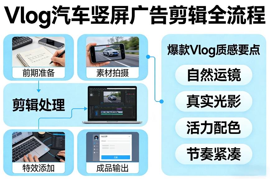 Vlog感觉汽车竖屏广告剪辑脚本全流程，拿捏爆款Vlog质感|无忧资源社