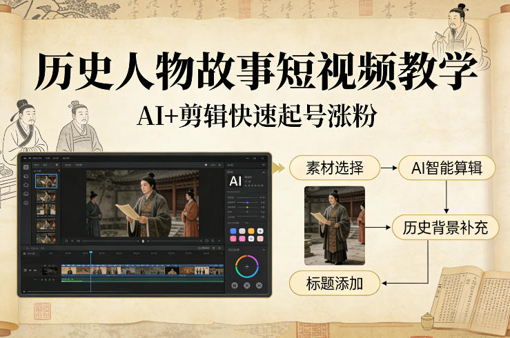历史人物故事短视频教学，AI+剪辑制作历史人物题材短视频，快速起号涨粉|无忧资源社