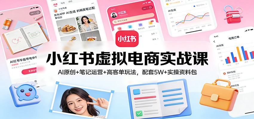 小红书虚拟电商实战课：AI原创+笔记运营+高客单玩法，配套5W+实操资料包|无忧资源社