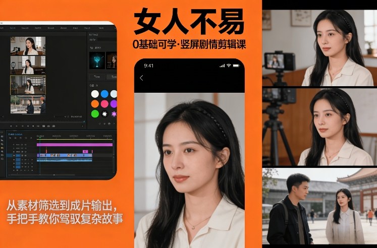 0基础可学！《女人不易》竖屏剧情剪辑课，从素材筛选到成片输出，手把手教你驾驭复杂故事|无忧资源社