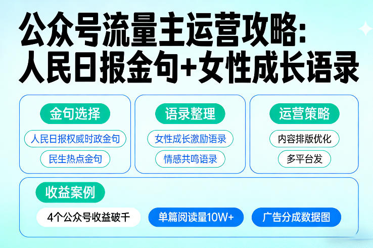 利用人民日报金句+女性成长语录做公众号流量主，4个公众号收益破千|无忧资源社