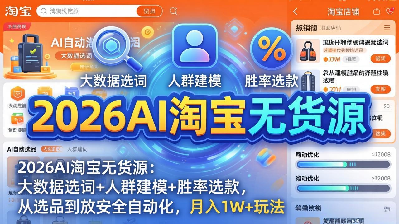 （17812期）2026AI淘宝无货源：大数据选词+人群建模+胜率选款，从选品到放大全自动化，月入1W+玩法|无忧资源社