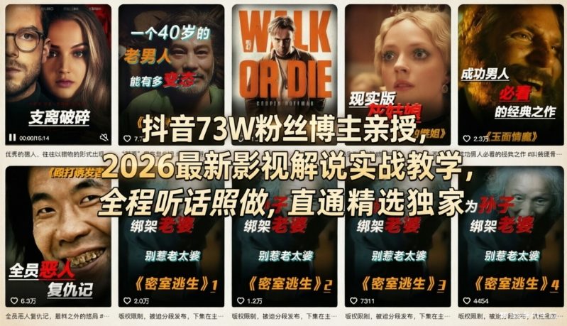 抖音73W粉丝博主亲授，2026最新影视解说实战教学，全程听话照做，直通精选独家|无忧资源社