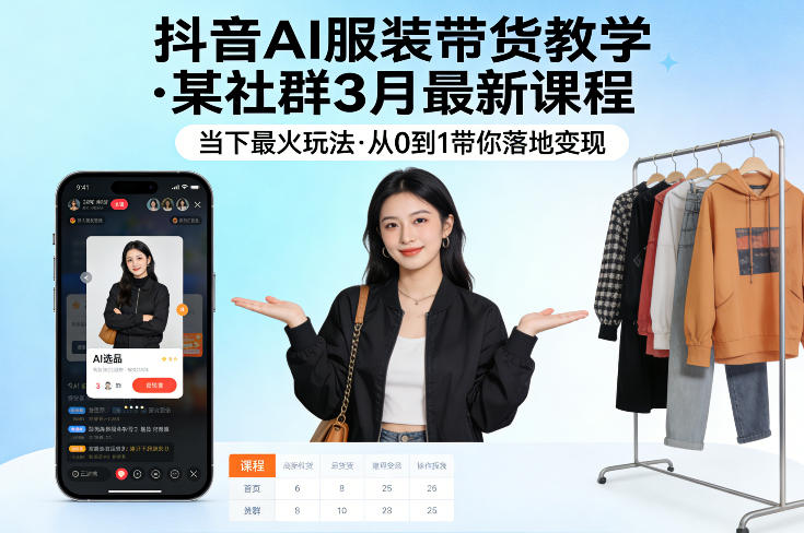 抖音AI服装带货教学,某社群3月最新课程,当下最火玩法,从0到1带你落地变现|无忧资源社