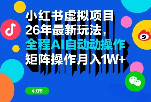 小红书虚拟项目26年最新玩法，全程AI自动操作，矩阵操作月入1W＋【揭秘】|无忧资源社