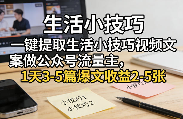 一键提取生活小技巧视频文案做公众号流量主，1天3-5篇爆文收益2-5张|无忧资源社