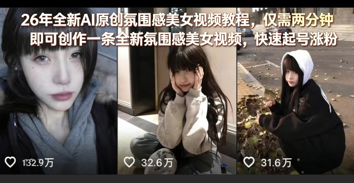 26年全新AI原创氛围感美女视频教程，仅需两分钟即可创作一条全新氛围感美女视频，快速起号涨粉|无忧资源社