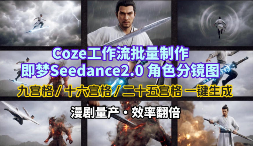 Coze工作流批量制作即梦Seedance2.0角色分镜图,九宫格-十六宫格-二十五宫格一键生成,漫剧量产,效率翻倍|无忧资源社