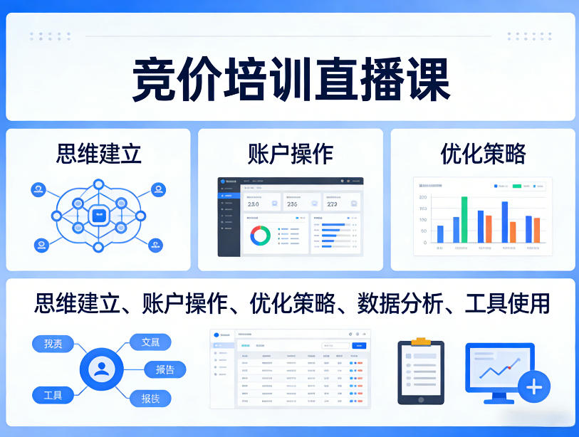 竞价培训直播课，覆盖思维建立、账户操作、优化策略、数据分析、工具使用等，全方位提升效果|无忧资源社