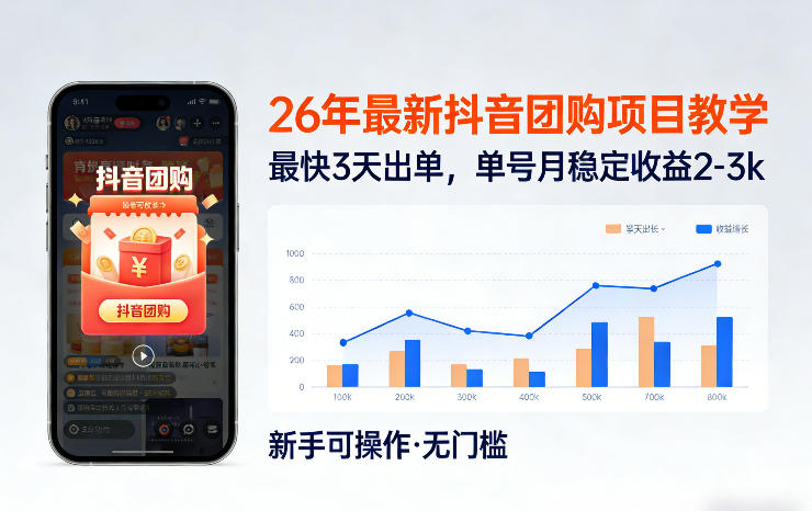 26年最新抖音团购项目教学，0门槛，最快3天出单，单号月稳定收益2-3k|无忧资源社