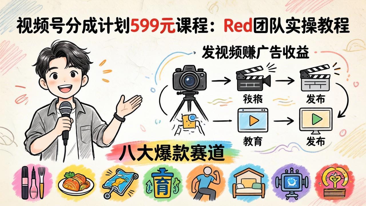 （18088期）视频号分成计划599元课程：Red团队实操教程，发视频赚广告收益，八大爆款赛道全掌握|无忧资源社