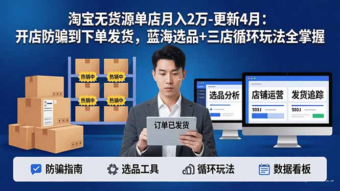（18188期）淘宝无货源5.0单店月入2万-更新4月：开店防骗到下单发货，蓝海选品+三店循环玩法全掌握|无忧资源社
