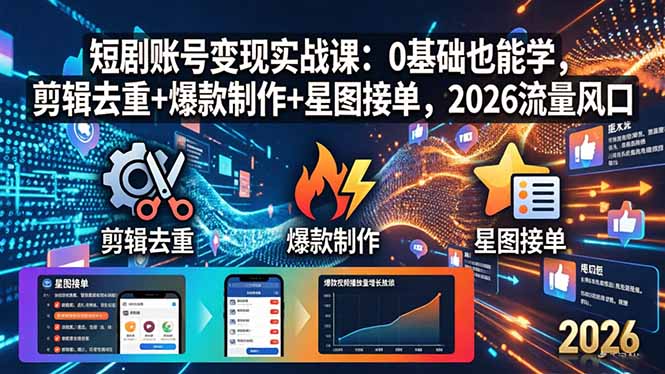 （18160期）短剧账号变现实战课：0基础也能学，剪辑去重+爆款制作+星图接单，2026流量风口|无忧资源社