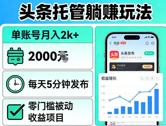 头条托管躺賺玩法，单账号月入2k+，每天5分钟发布即可，零门槛被动收益项目【揭秘】|无忧资源社