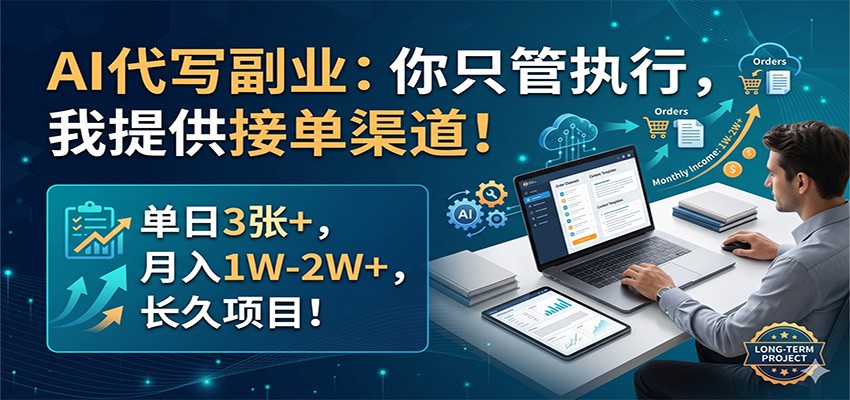 AI代写副业：你只管执行，我提供接单渠道！单日3张+，月入1W-2W+，长久项目|无忧资源社
