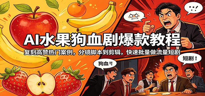AI水果狗血剧爆款教程：复刻高赞热门案例，分镜脚本到剪辑，快速批量做流量短剧|无忧资源社