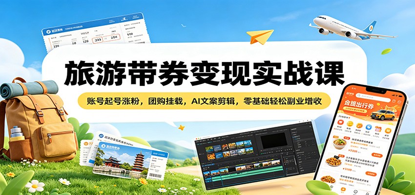 旅游带券变现实战课：账号起号涨粉，团购挂载，AI文案剪辑，零基础轻松副业增收|无忧资源社