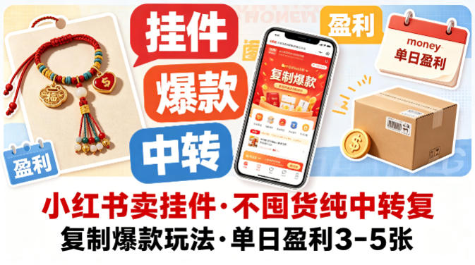 小红书卖挂件，不囤货纯中转复制爆款玩法，单日盈利3-5张|无忧资源社
