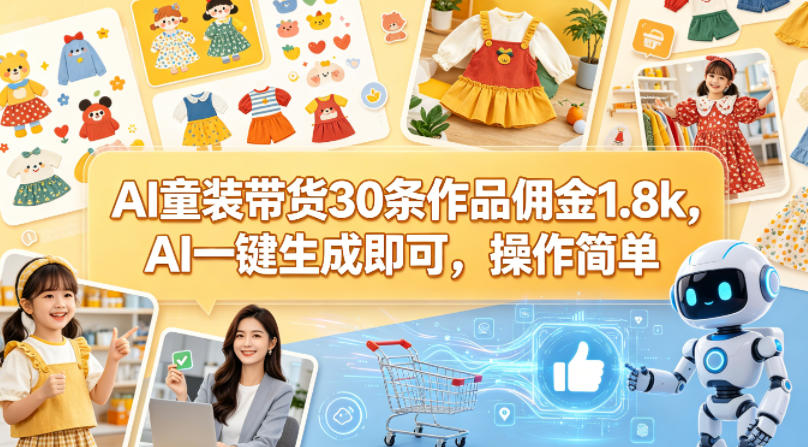 AI童装带货30条作品佣金1.8k，AI一键生成即可，操作简单|无忧资源社