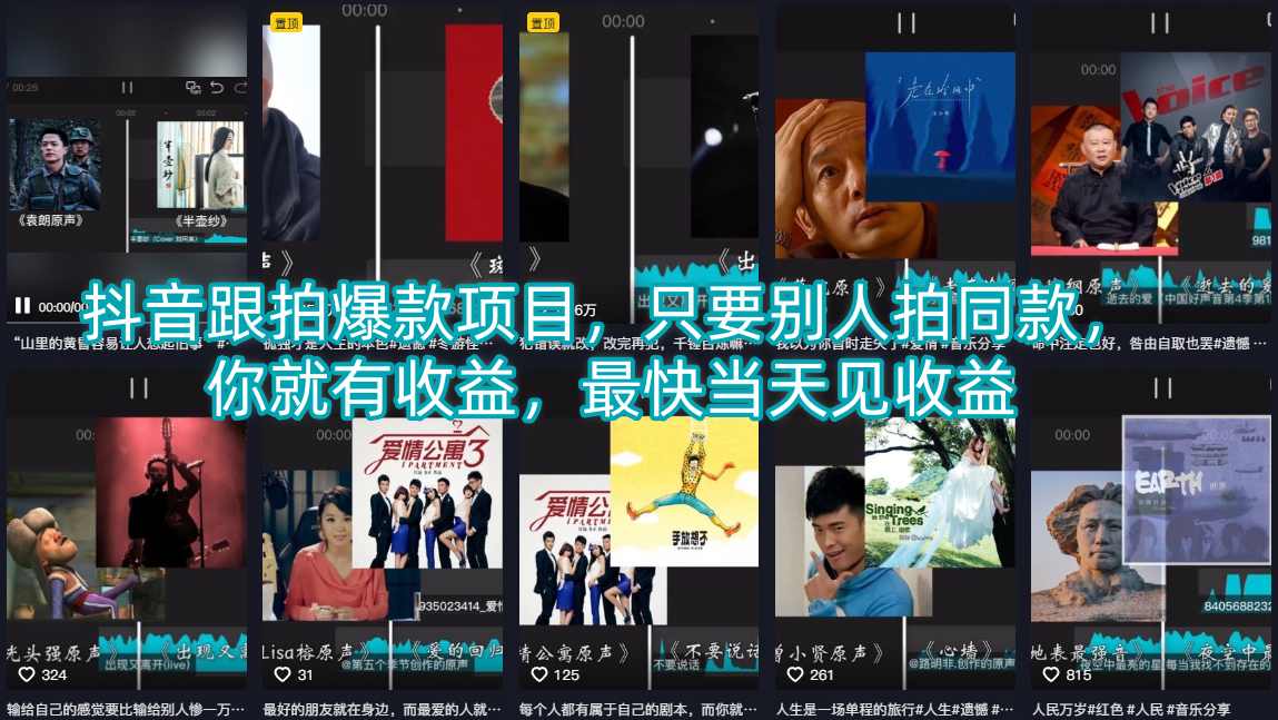 抖音跟拍爆款项目，只要别人拍同款，你就有收益，最快当天见收益|无忧资源社