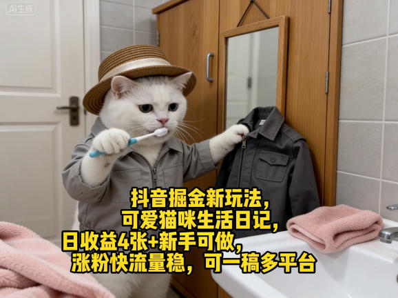 抖音掘金新玩法，可爱猫咪生活日记，日收益4张+新手可做，涨粉快流量稳，可一稿多平台|无忧资源社