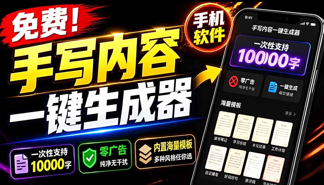 （18667期）超逼真手写字体一键生成器，纯免费离线运行，一次性支持10000字，零广告，内置海量模板|无忧资源社