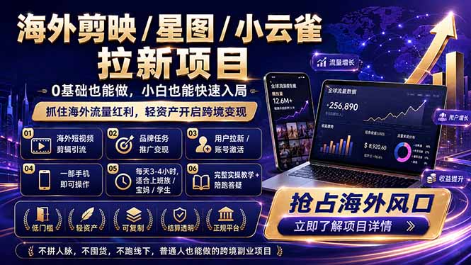 （18567期）海外剪映 / 星图 / 小云雀拉新项目 普通人也能上手的跨境流量变现副业|无忧资源社