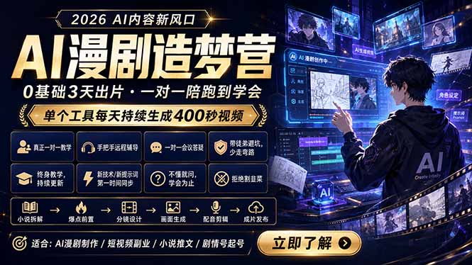 （18568期）AI漫剧造梦营：0基础3天出片，单个工具每天持续生成400秒视频|无忧资源社
