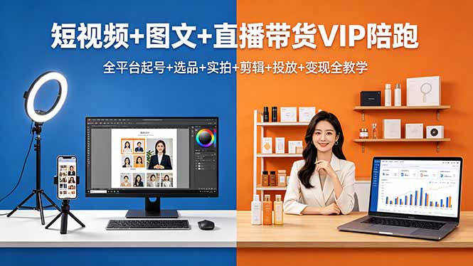 （18319期）短视频+图文+直播带货VIP陪跑，全平台起号+选品+实拍+剪辑+投放+变现全教学|无忧资源社
