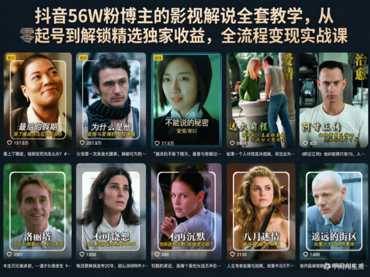 抖音56W粉博主的影视解说全套教学，从零起号到解锁精选独家收益，全流程变现实战课|无忧资源社