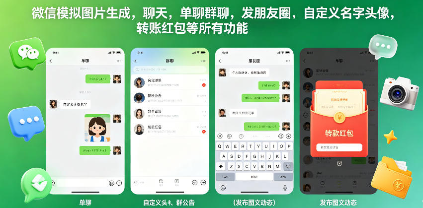 微信模拟图片生成，聊天，单聊群聊，发朋友圈，自定义名字头像，转账红包等所有功能都可以生成|无忧资源社