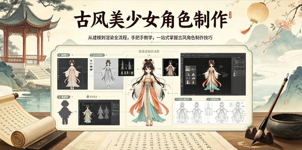 古风美少女角色制作，从建模到渲染全流程，手把手教学，一站式掌握古风角色制作技巧|无忧资源社
