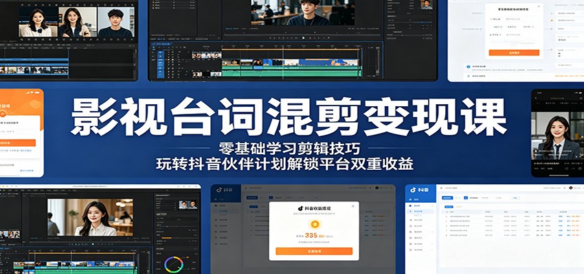 影视台词混剪变现课：零基础学习剪辑技巧，玩转抖音伙伴计划解锁平台双重收益|无忧资源社