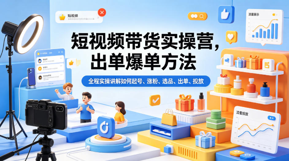 短视频带货实操营，出单爆单方法，全程实操讲解如何起号、涨粉、选品、出单、投放|无忧资源社
