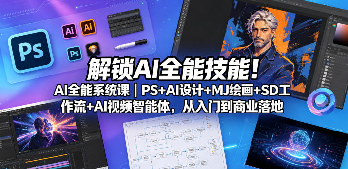 解锁AI全能技能！AI全能系统课｜PS+AI设计+MJ绘画+SD工作流+AI视频智能体，从入门到商业落地|无忧资源社
