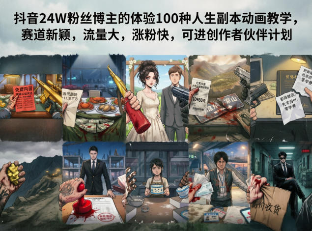 抖音24W粉丝博主的体验100种人生副本动画教学，赛道新颖，流量大，涨粉快，可进创作者伙伴计划|无忧资源社