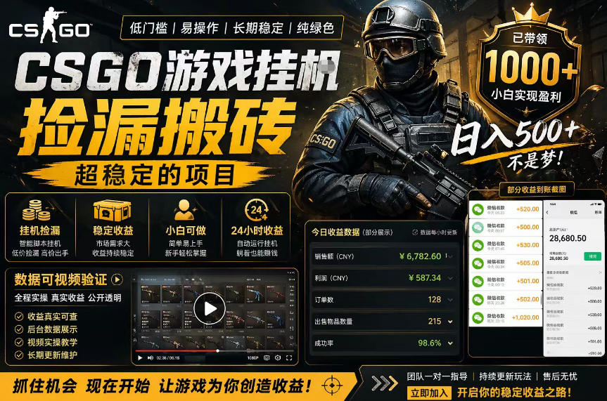 CSGO游戏搬砖，全自动挂G，不需要玩游戏，手机操作日入300+，解放双手【揭秘】|无忧资源社