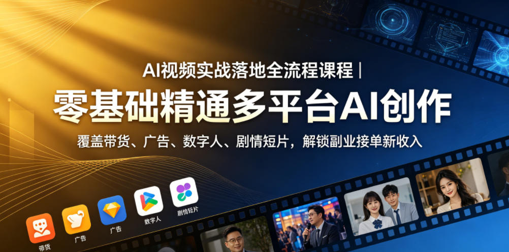 AI视频实战落地全流程课程｜零基础精通多平台AI创作，覆盖带货、广告、数字人、剧情短片，解锁副业接单新收入|无忧资源社