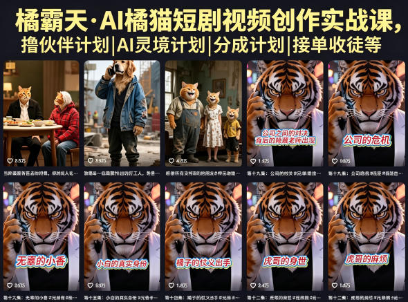 橘霸天·AI橘猫短剧视频创作实战课，撸伙伴计划|AI灵境计划|分成计划|接单收徒等|无忧资源社