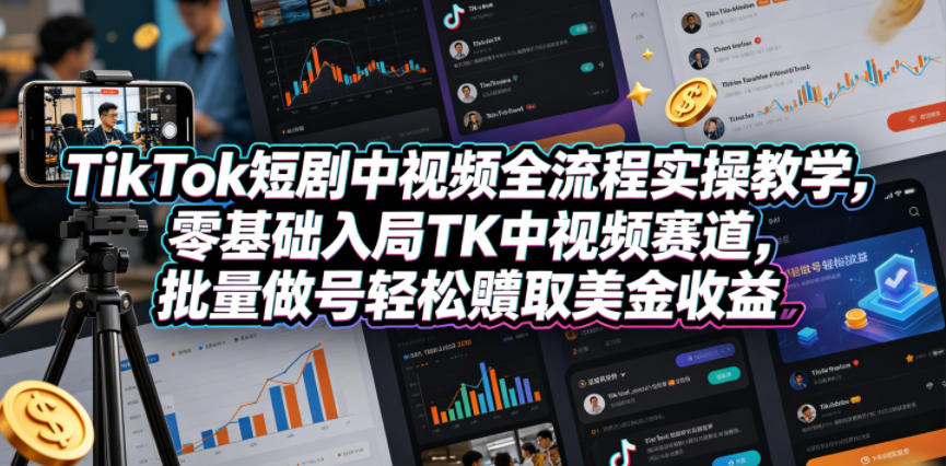 TikTok短剧中视频全流程实操教学，零基础入局TK中视频赛道，批量做号轻松賺取美金收益|无忧资源社