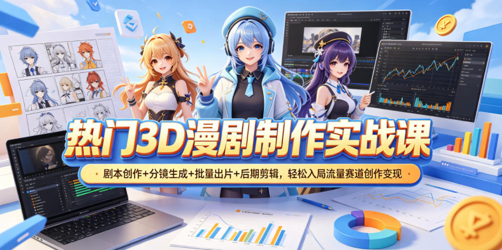 热门3D漫剧制作实战课，剧本创作+分镜生成+批量出片+后期剪辑，轻松入局流量赛道创作变现|无忧资源社