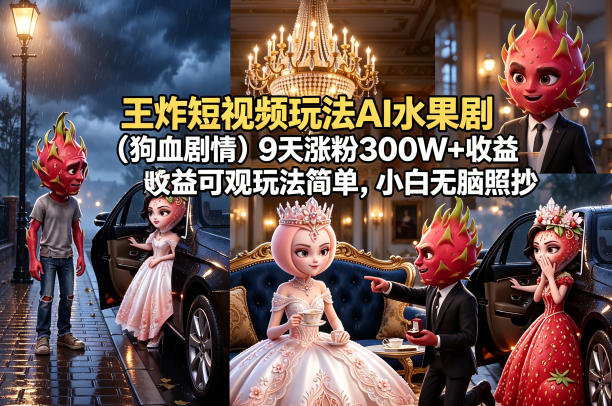 王炸短视频玩法AI水果剧（狗血剧情）9天涨粉300W+收益可观玩法简单，小白无脑照抄，详细拆解玩法|无忧资源社