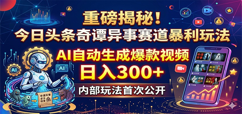 重磅揭秘！今日头条奇谭异事赛道暴利玩法：AI自动生成爆款视频，日入300+|无忧资源社