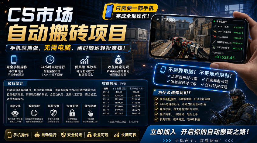 手机即可操作的CS市场自动搬砖系统｜自动监控｜自动下单|日入300+【揭秘】|无忧资源社