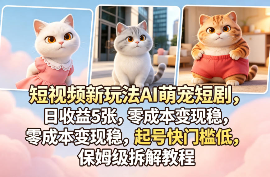 短视频新玩法AI萌宠短剧，日收益5张，零成本变现稳，起号快门槛低，保姆级拆解教程|无忧资源社